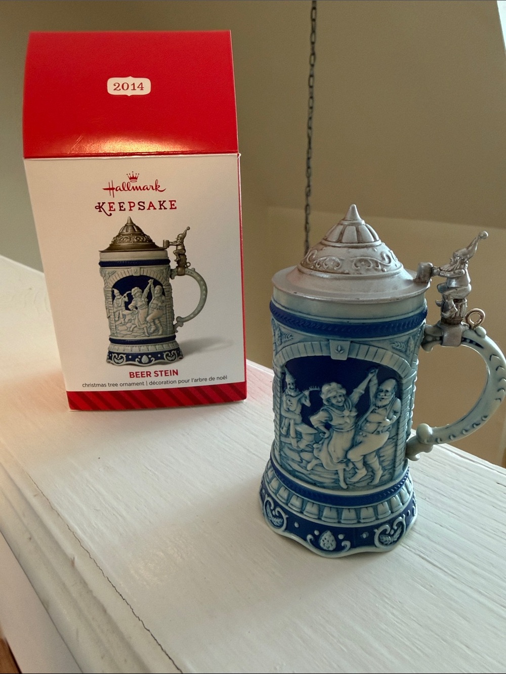 Hallmark Blue and White Ceramic-Style Beer Stein Ornament with Pewter-Tone Lid